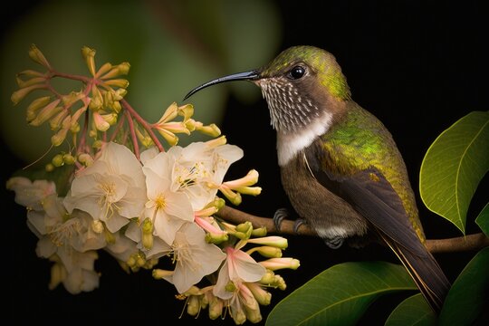 Photograph Of A Female Black Throated Mango Hummingbird, Anthracothorax Nigricollis, Eating On The Tropical Combretum Vine Blossom. Generative AI