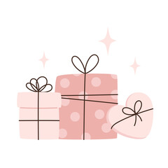Set of pink gift boxes with bows in flat style