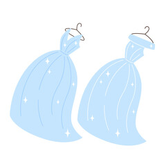 Set of wedding blue dresses in flat style