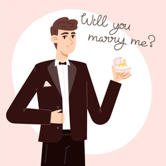 Young man in a suit making a wedding proposal