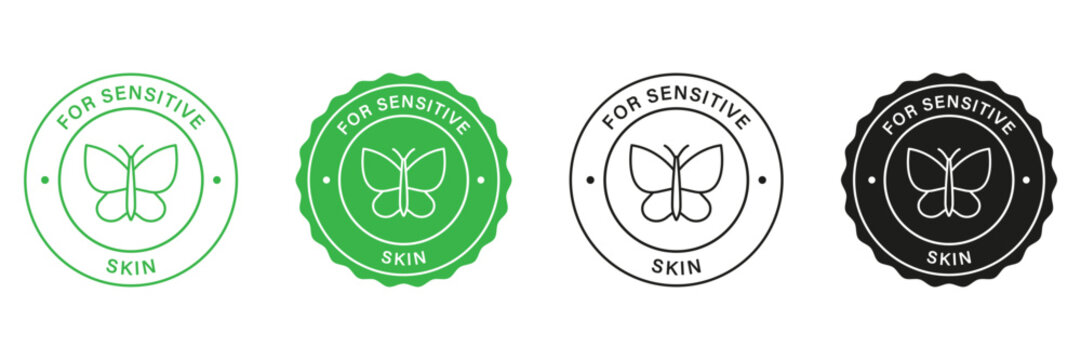 Dermatology Stamps Set For Sensitive Skin. Cosmetic Green and Black Labels. Natural Ingredients Symbol Sticker For Sensitive Skin. Isolated Vector Illustration