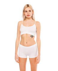 Obraz premium Young beautiful blonde woman in white sports underwear