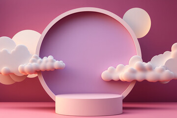 Pastel colour display platform podium stage with clouds in the background, Generative AI