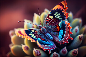 Fototapeta na wymiar Fluttering butterfly on a striking and unique flower - Generative Ai