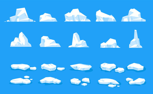 Ice floes. Antarctic floating glacier pieces, melting icebergs and frozen icy blocks, blue frost floe in cold water flat style. Vector cartoon set