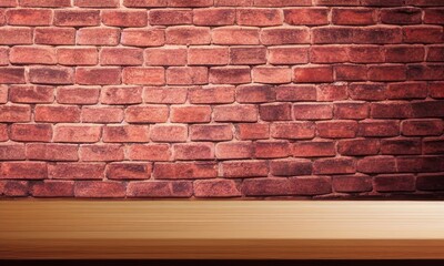 empty wooden table with floor, brick background, table for product demonstration