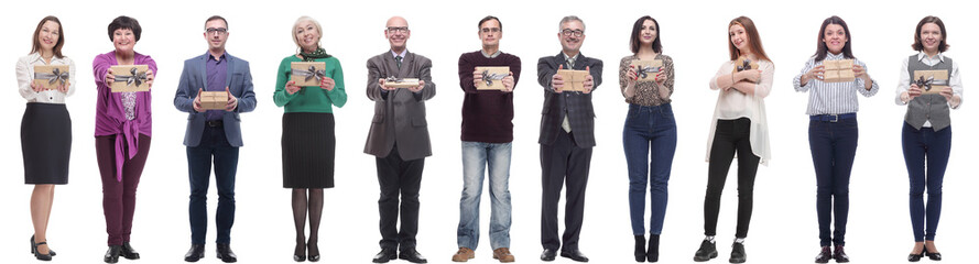 group of happy people with gifts in their hands isolated