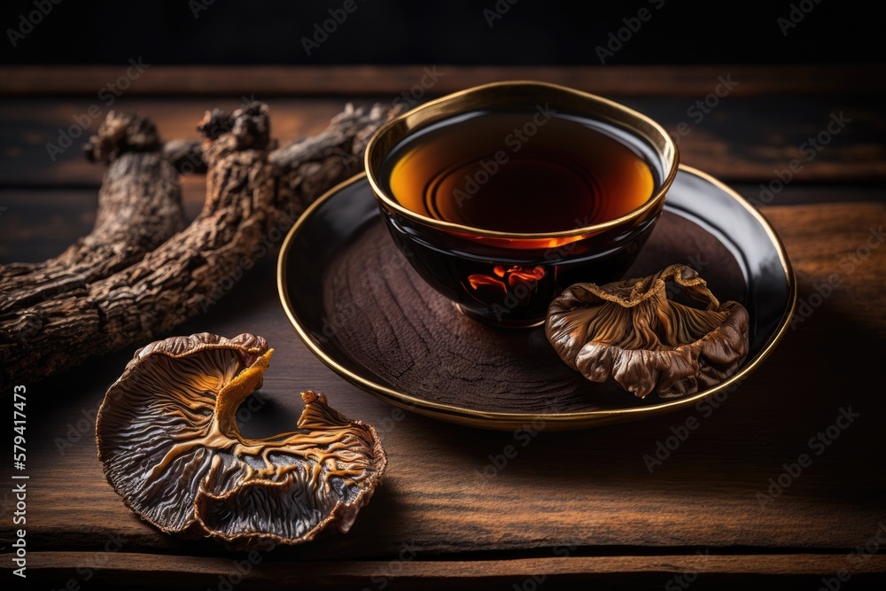 Poster ganoderma lucidum, together with a cup of tea, is placed on a tray against a wooden background. gene