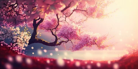 Foto op Canvas Pink blooming spring sakura, natural landscape. Generative ai. © Iryna