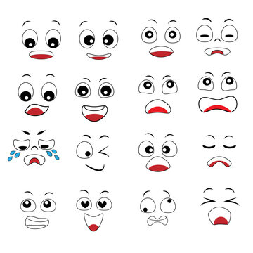 Face PNG expression isolated vector icons, funny cartoon boring, crying and thoughtful, teeth, angry, laughing and sad. Facial feelings upset, happy and show tongue cute faces