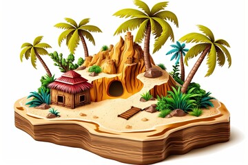 Obraz premium An magnificent tropical island with a cottage resembling an opened wooden box on a mound of sand. Strange Object in White Background. Cartoon depiction of a tropical island. Generative AI