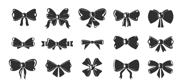 Black bows icons. Decorative bowknot silhouettes different shapes, gift wrapping ribbons, ornate elements for party celebration decor. Vector isolated set