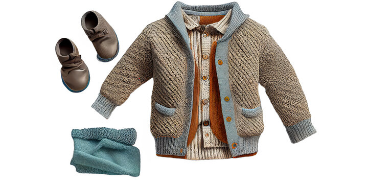 Kid fashion autumn clothe set Knitted cardigan shirt isolated white background 