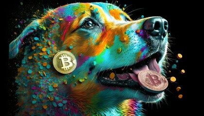 Bright colourfull bitcoin in dog mouth with dollar eyes. Generated Ai