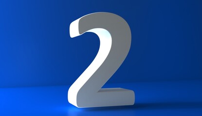 Number 2 in white on light blue background, isolated number 3d rendering.