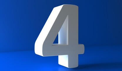 Number 4 in white on light blue background, four isolated number 3d rendering.