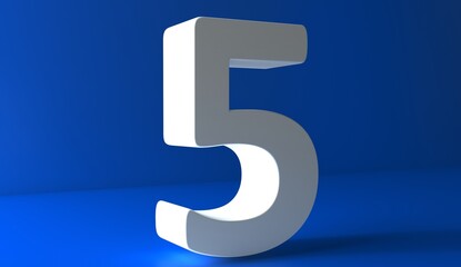 Number 5 in white on light blue background, Five number isolated 3d rendering.