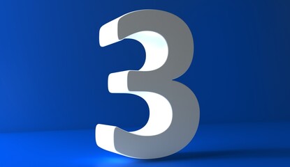 Number 3 in white on light blue background, three number isolated 3d rendering.