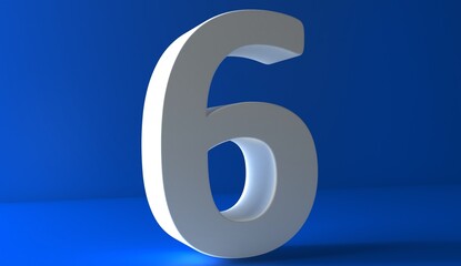 Number 6 in white on light blue background, six isolated number 3d rendering.