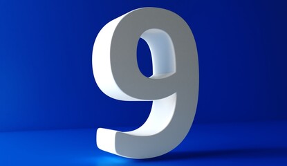 Number 9 in white on light blue background, nine isolated number 3d rendering.