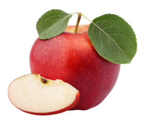 Ripe red apple with green leaves and slice isolated on transparent background