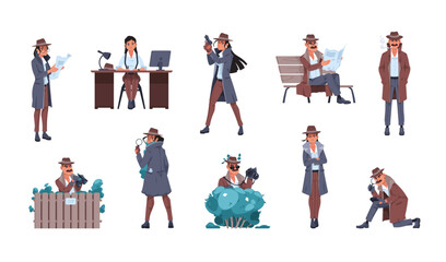 Man and woman detective. Cartoon private inspector characters investigate crime searching for evidence, male female police agents at work. Vector set