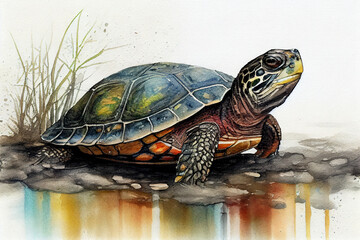 Obraz premium Turtle drawing with bit of watercolour.
