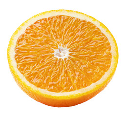 Half of orange citrus fruit isolated on white transparent background. Full depth of field.