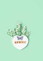 snowdrops flowers, heart plate, letters 
