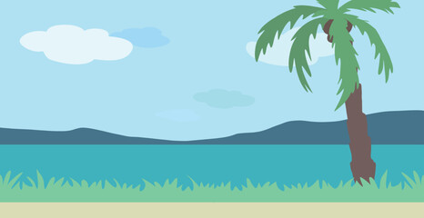 Fototapeta na wymiar a simple landscape by the sea with a palm tree. Vector illustration in a flat style.