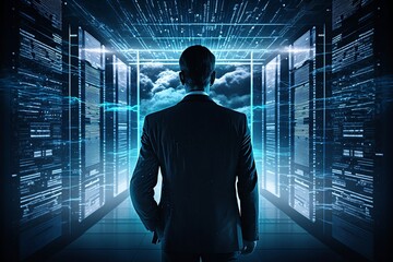 Women in data center and computer servers, businessman