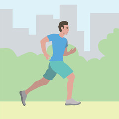 Fototapeta na wymiar A young man is jogging in the city in the park. Vector illustration in a flat style.