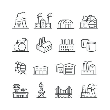 Vector line set of icons related with Industrial buildings. Contains monochrome icons like factory, warehouse, bridge, airport, nuclear power plant and more. Simple outline sign.