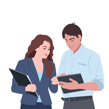A young business man and a business girl are negotiating. A man is holding a tablet in his hands. Male and female character design. Modern lifestyle. Vector flat illustration