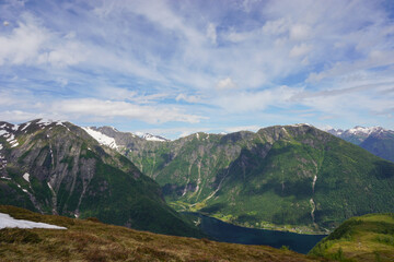 Scenic lake surrounded by mountains and forest on a sunny day