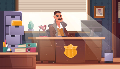 Detective in office. Police officer cartoon character in investigator cabinet workspace, private agent with crime scene investigation board. Vector illustration