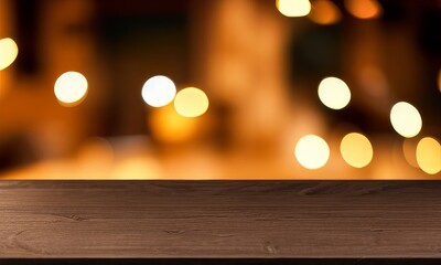 empty wooden table with floor, bokeh background, restaurant, bar, outside, table for product demonstration