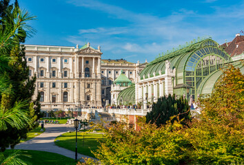 Burggarten park with Butterfly house and Hofburg palace, Vienna, Austria