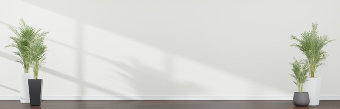 Plants against a white wall mockup. white wall mockup with wooden floor, plant and. panoramic 3d render background