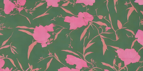 green background with pink flowers on fabric