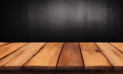 empty wooden table with floor, dark background, table for product demonstration
