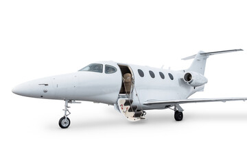 Close-up of the modern business jet with an opened gangway door isolated on transparent background