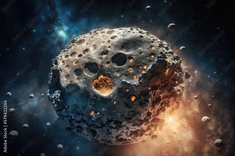 Poster planetary rock in space with a lot of craters. generative ai