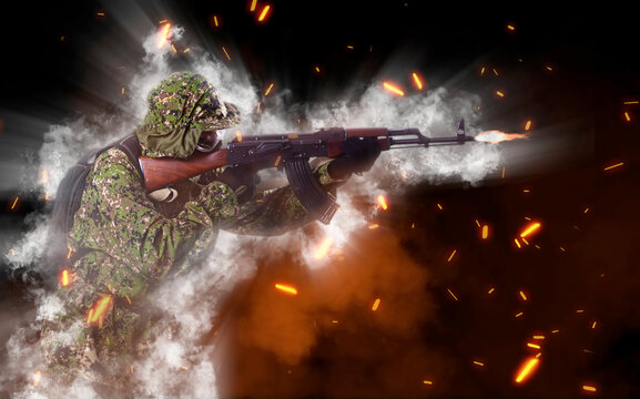 An armed soldier in military uniform aims with a rifle. One. Smoke, sparks, poster