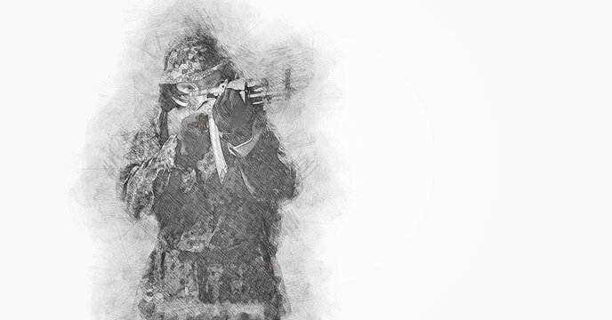 An armed soldier in military uniform aims with a rifle. One, pencil drawing on a white background