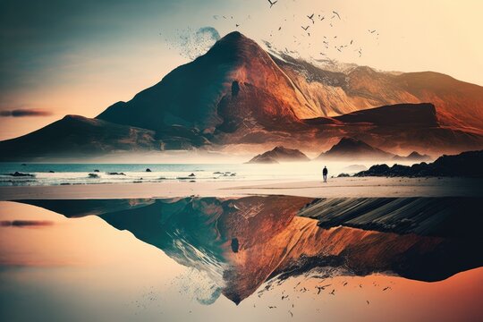 The mountains and the beach at sunrise in a double exposure. Generative AI © 2rogan