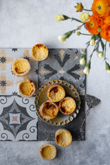 Pasteis de nata - traditional Portugal dessert. Typical Portuguese custard pies Pastel de Nata or Pastel de Belem. Top view