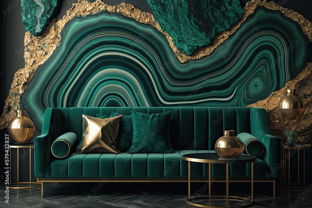Poster a contemporary design featuring a malachite background textured with mineral stone and flecked with 