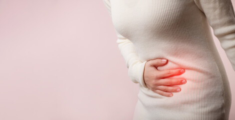 Picture of young woman have menstruation stomach ache pain problem. Abdominal belly disease in...