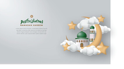 3d vector ramadan background with mosque,crescent, star and cloud. simple and clean